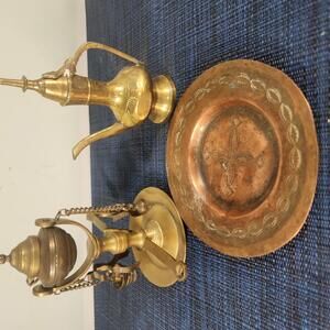 Vintage Brass and Copper Decorative Set with Plate and Miniature Pitcher